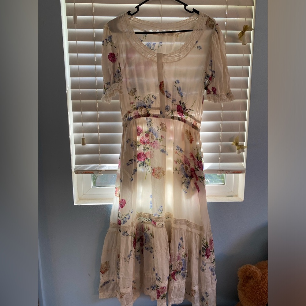 Love shack fancy short sleeve embroidered floral summer silk midi dress